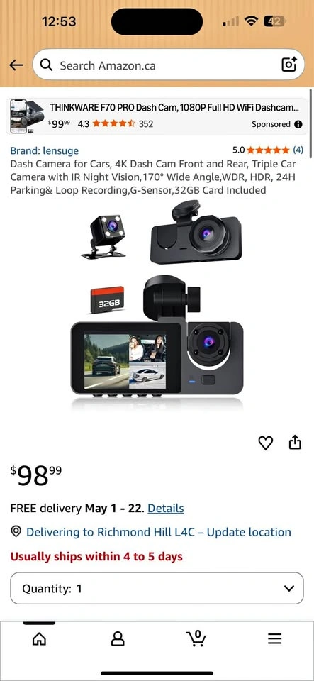 4K Triple Dash Cam Front/Rear - New w/ 32GB Card