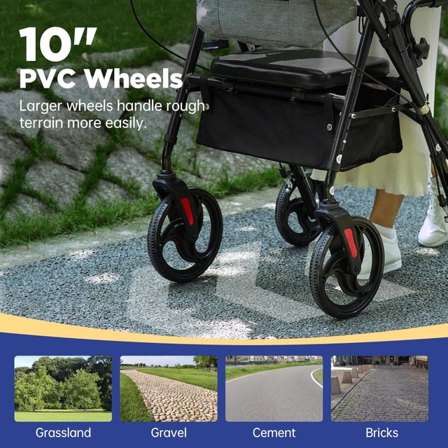 Upright Rollator Walker with Armrests – 10" Wheels, Padded Seat - photo 3
