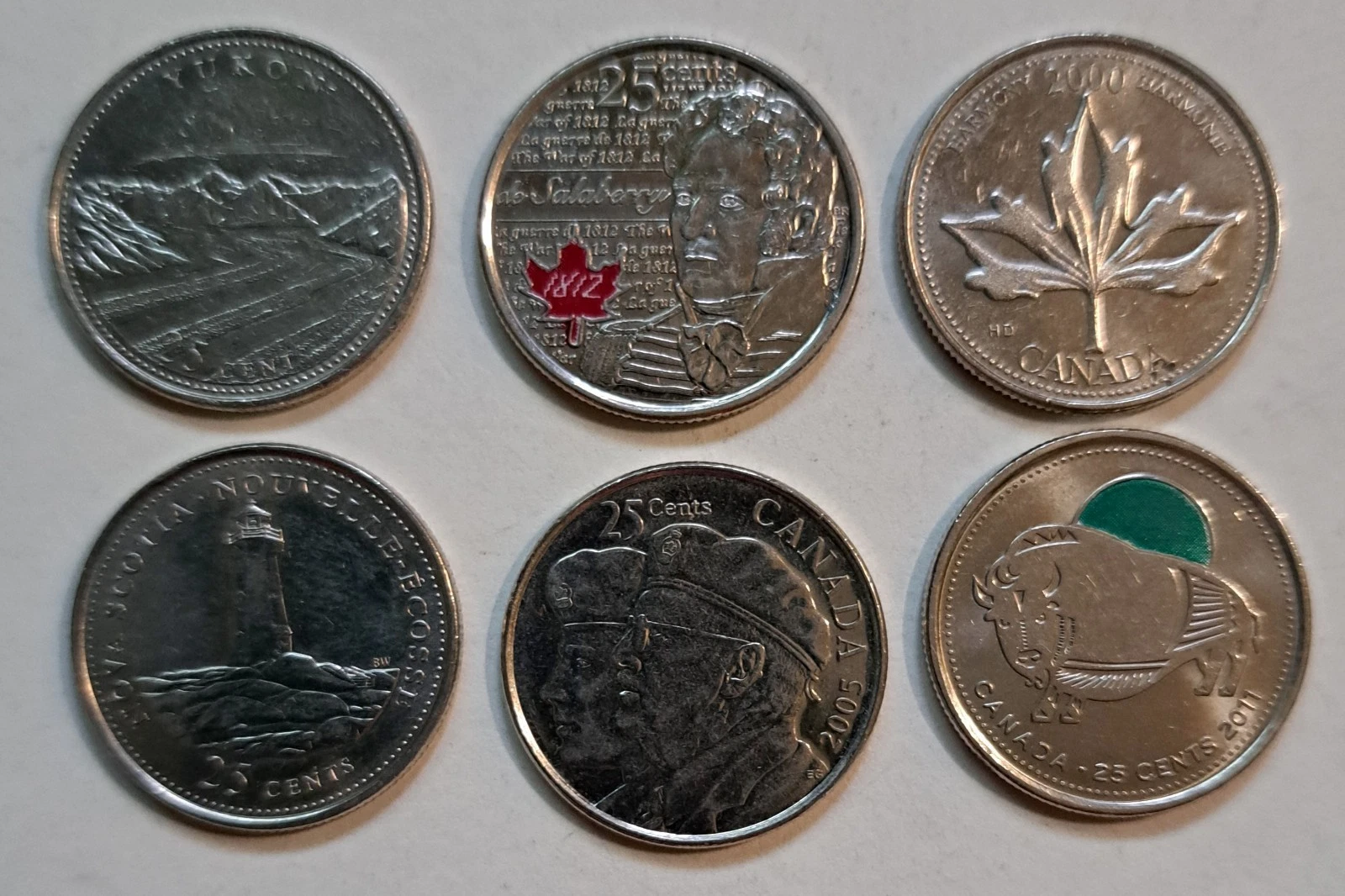 6 Collectible Canadian Quarters - YK, NS, Harmony, Veterans, War