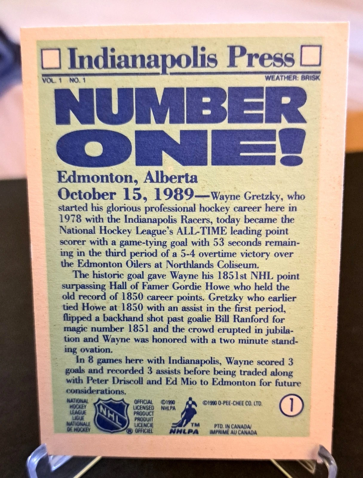 Wayne Gretzky O-Pee-Chee Card #1 NHL Indianapolis Press 1989 - photo 2