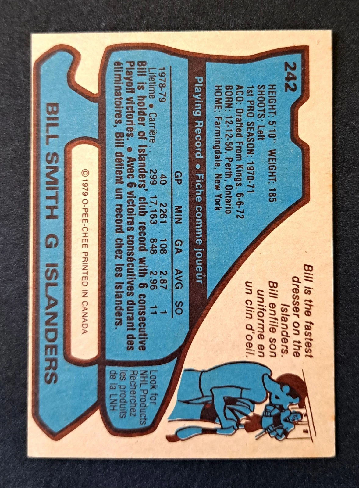 1979-80 O-Pee-Chee Hockey Bill Smith Card # 242 Islanders - photo 2