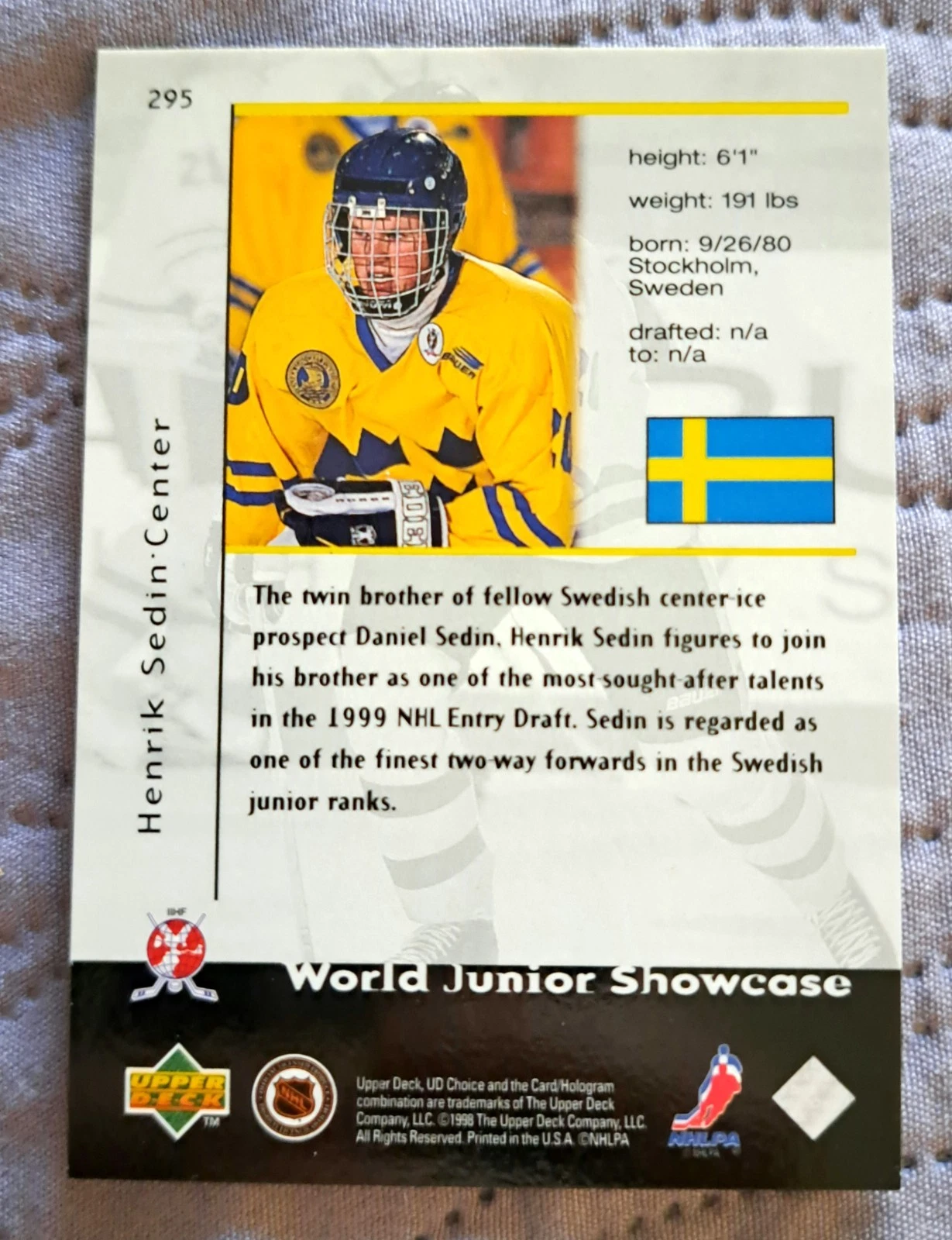 1998-99 Upper Deck World Juniors Henrik Sedin Card 295 - photo 2