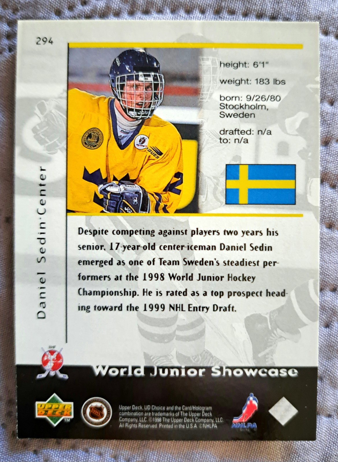 1998-99 Upper Deck Daniel Sedin World Juniors Card 294 - photo 2