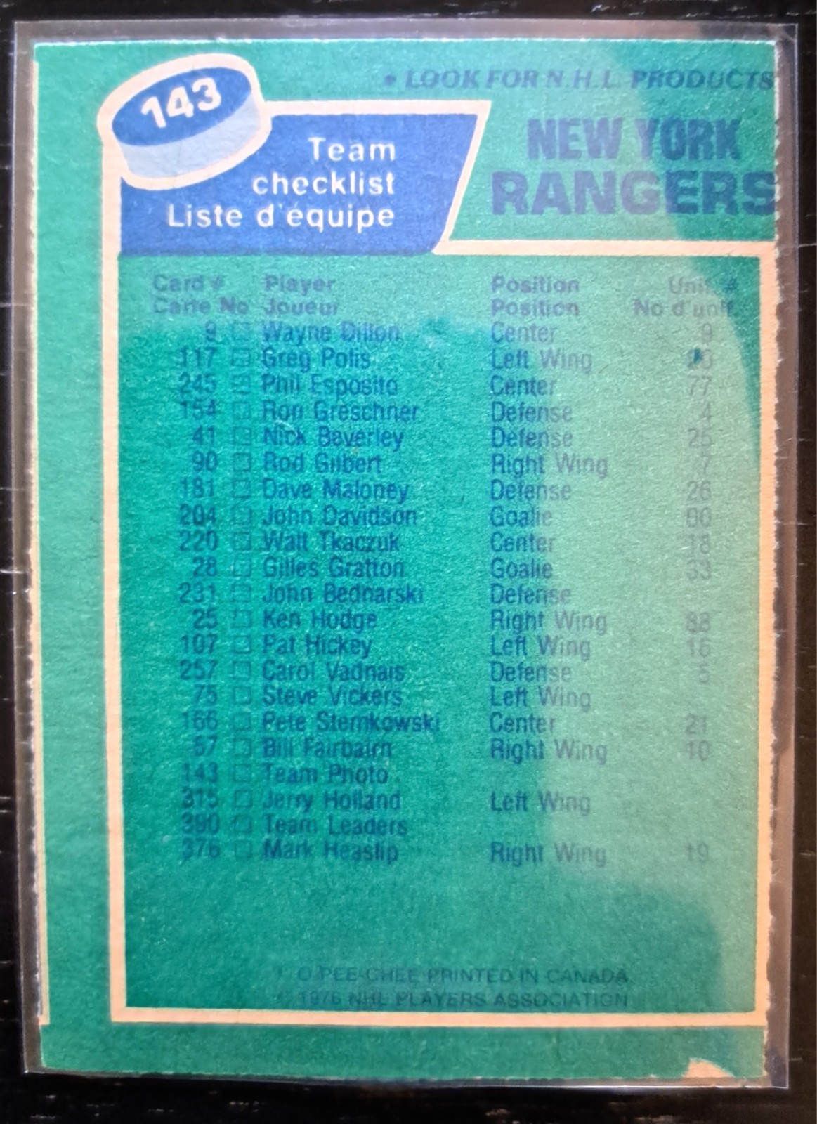 1976-77 OPee-Chee NHL NY Rangers Team Checklist & Photo - photo 2