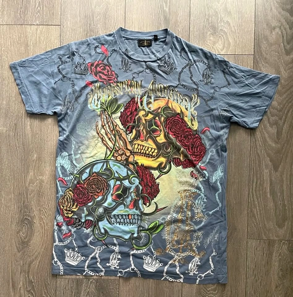 Vintage Christian Audigier Skull Rose T-shirt Size L