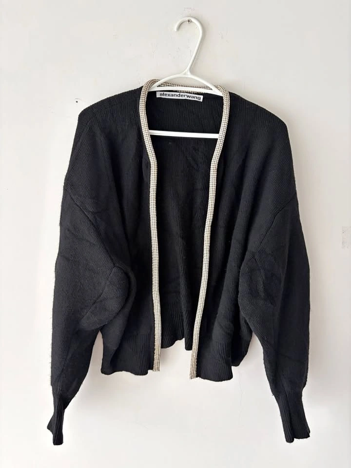 Alexander Wang Crystal Necklace Cropped Wool Cardigan L