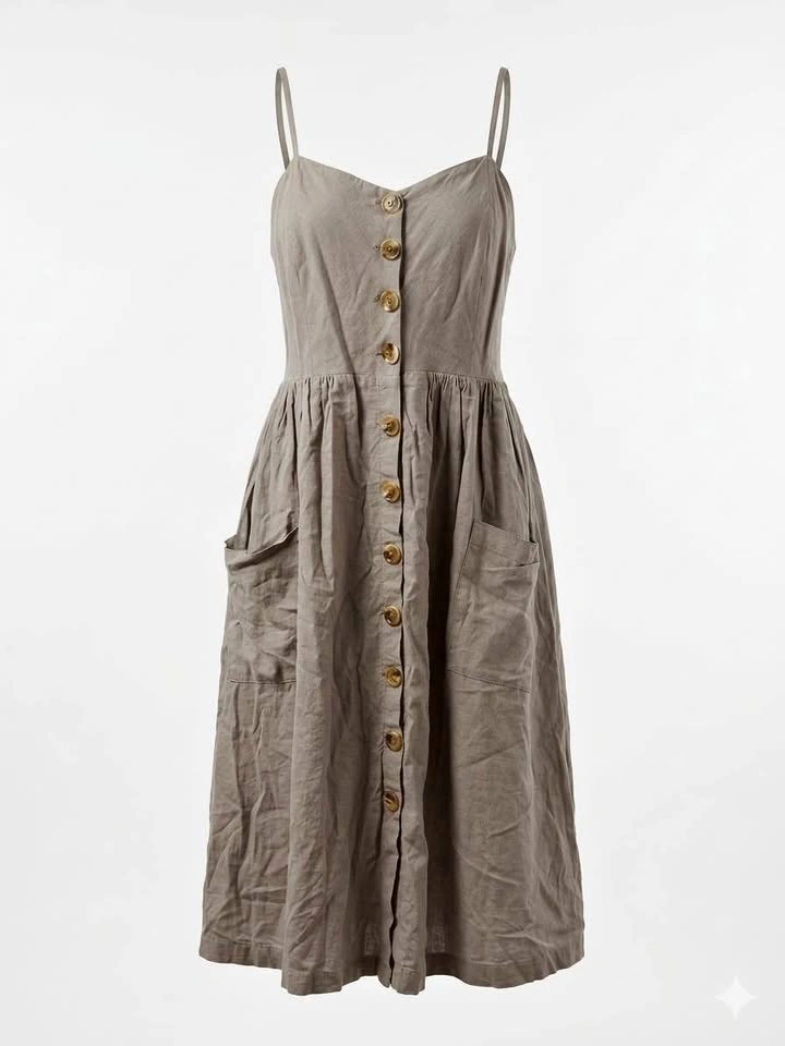 MOD REF Linen Blend Button Midi Dress - Tan Large