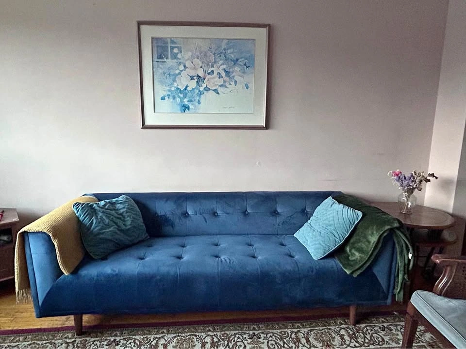LORETTA Mid-Century Modern Blue Velvet 3-Seater Sofa