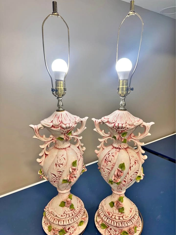Vintage Capodimonte Style Italian Ceramic Rose Lamps (Pair)