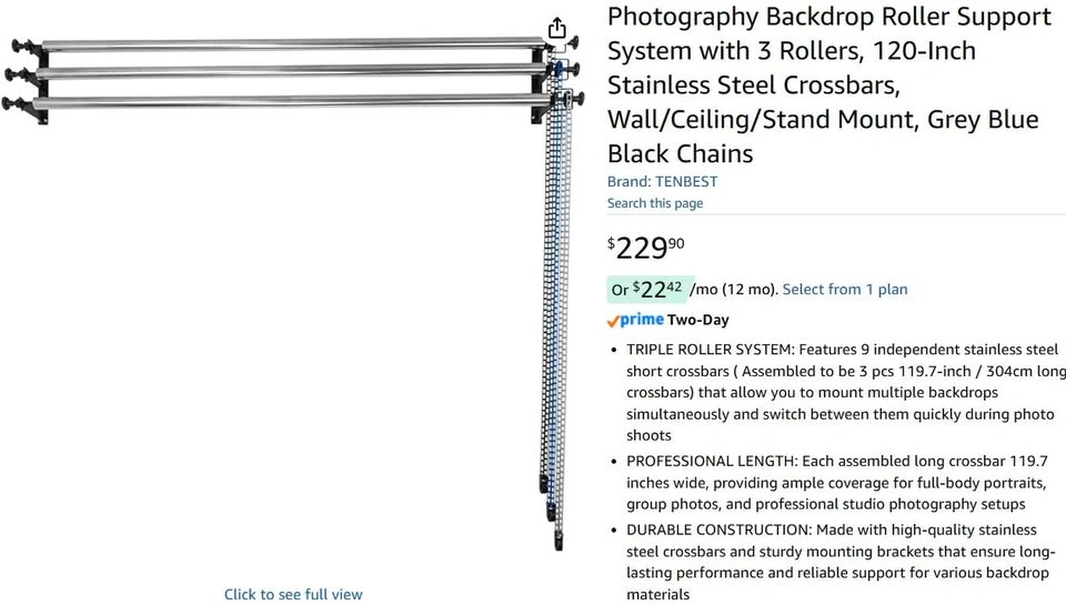 Photography Backdrop Roller Support System – 3 Rollers, 120" Sta - photo 2