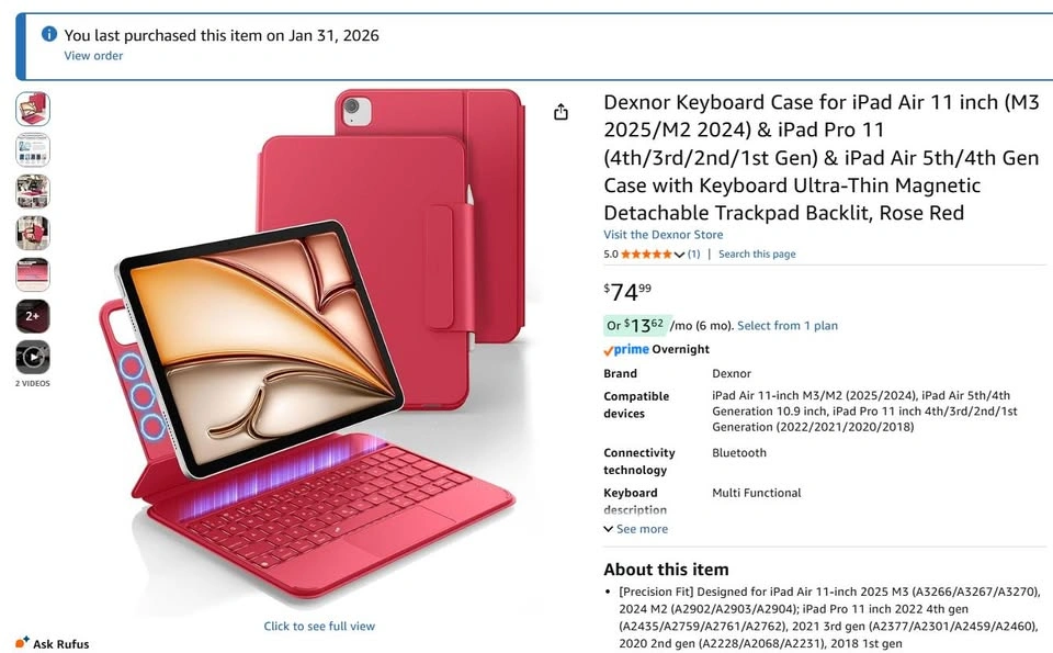 iPad Air 11" & Pro 11" Keyboard Case - Rose Red, Backlit - photo 2