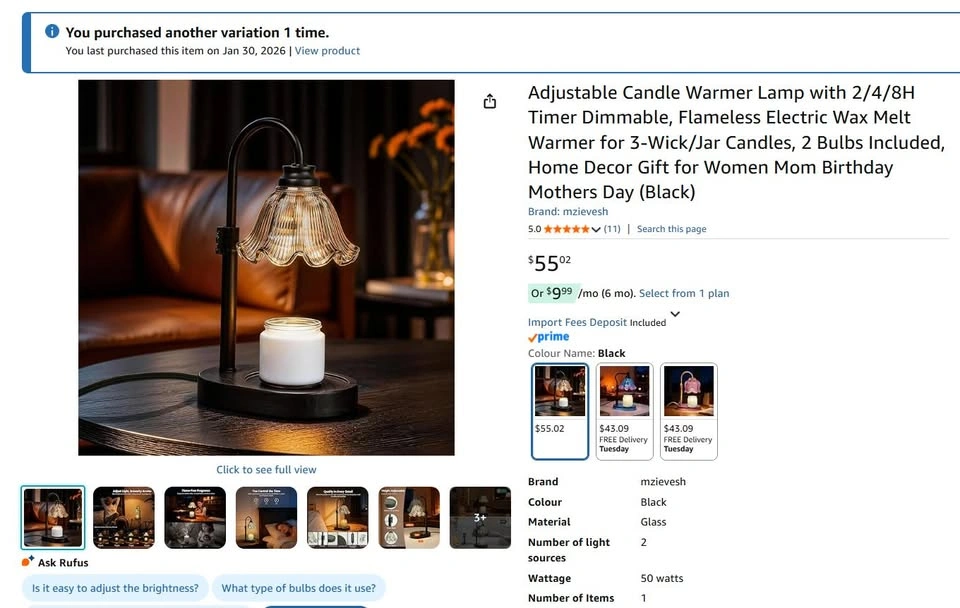 Candle Warmer Lamp with Timer – Dimmable, Flameless, Black - photo 2