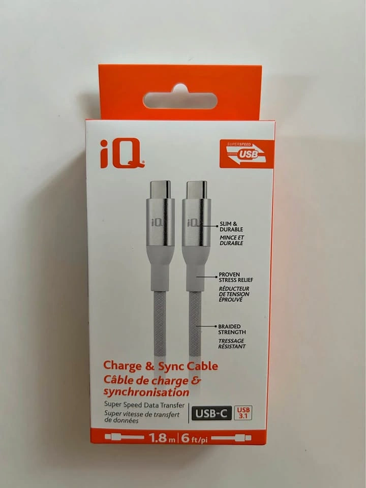 Brand New iQ USB-C to USB-C Cable - Braided - 1.8m/6ft