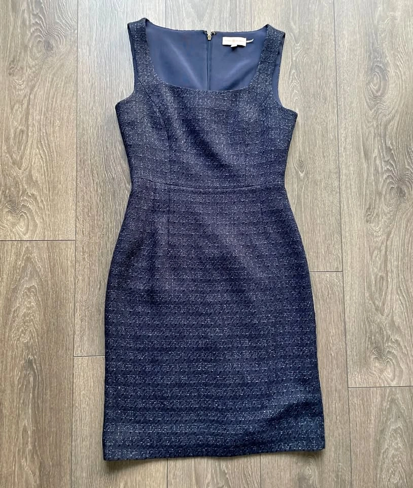 Tory Burch Emma Navy Blue Metallic Tweed Dress Size 2