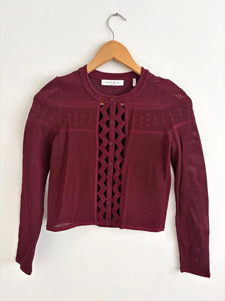 Sandro Brady Burgundy Knit Mesh Cardigan Size S