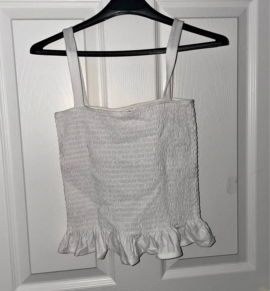 H&M White Smocked Ruffle Hem Tank Top - Women's Summer Top, S