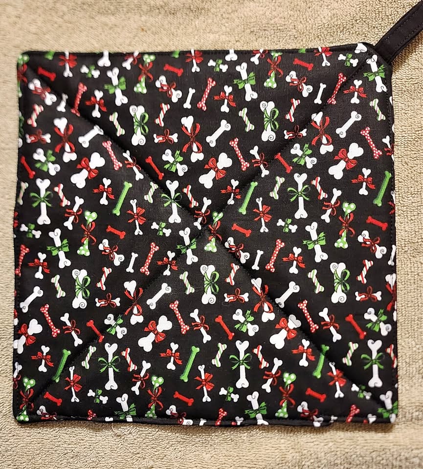 Pot holder or hot pad- Dog bones with Christmas colors
