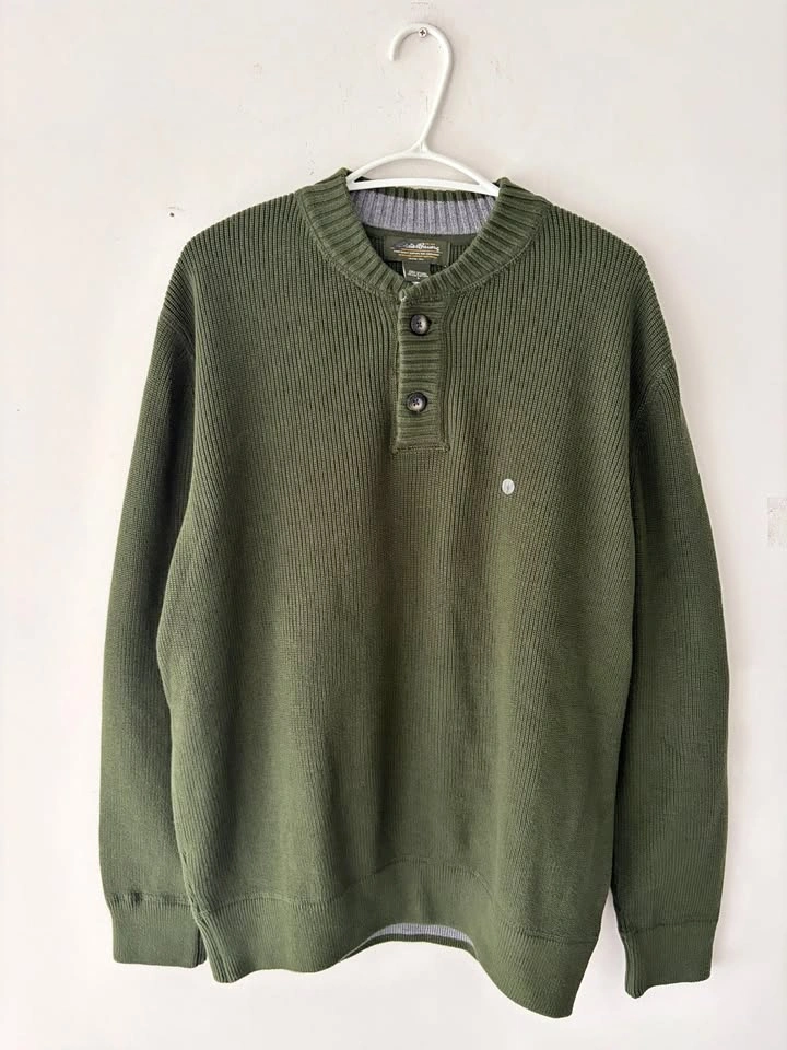 Vintage Eddie Bauer Green Henley Knit Sweater Size L NEW