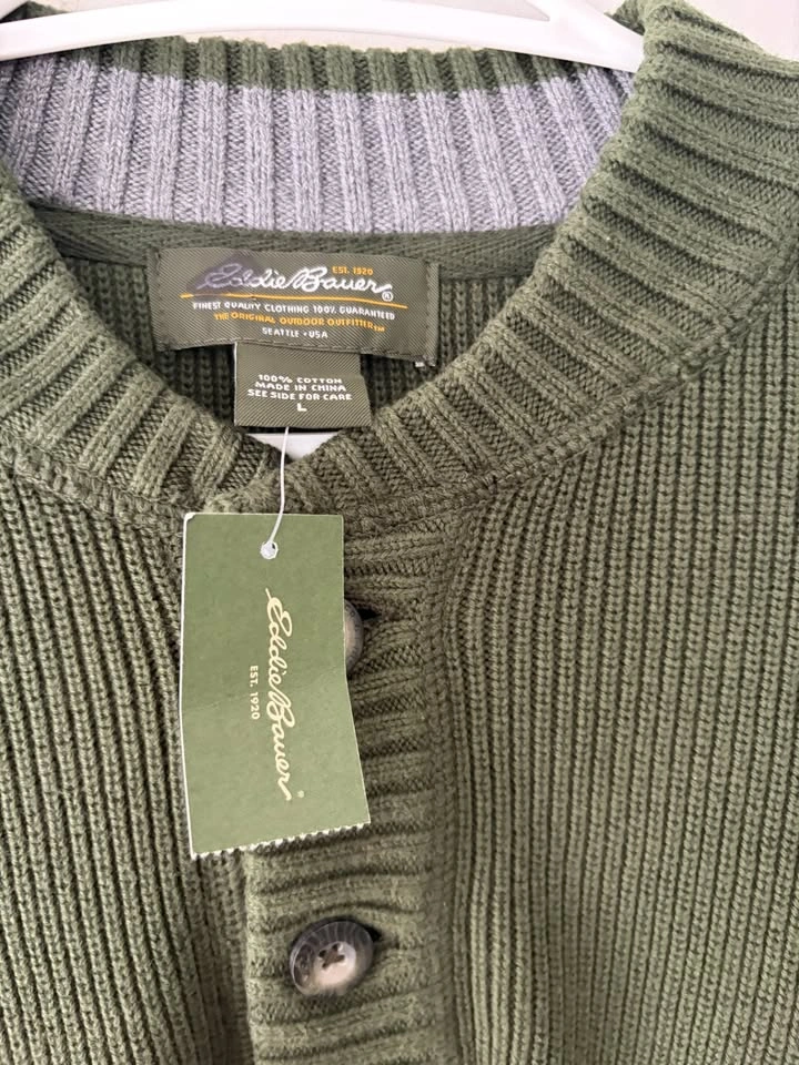 Vintage Eddie Bauer Green Henley Knit Sweater Size L NEW - photo 4