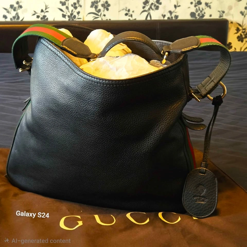 Authentic Gucci Ophidia Black Leather Shoulder Bag w/ Web Stripe - photo 4