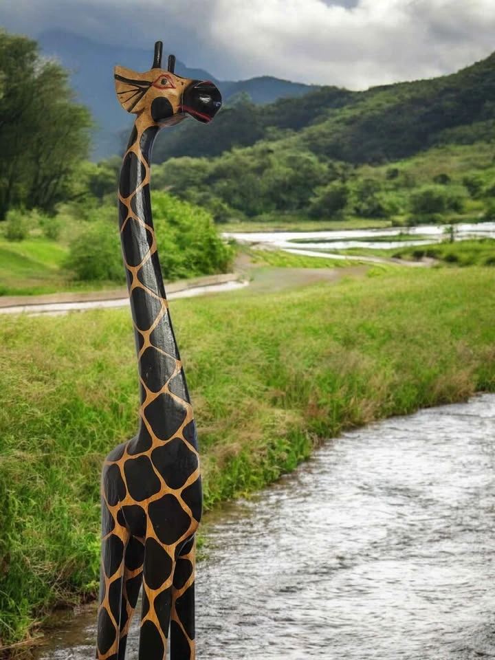 2 Hand-carved Wooden Giraffe Statues (4ft & 5ft)