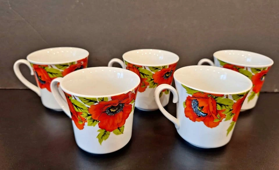 Red Poppy cups Dulevo Дулево Russian 5 cups 200 ml