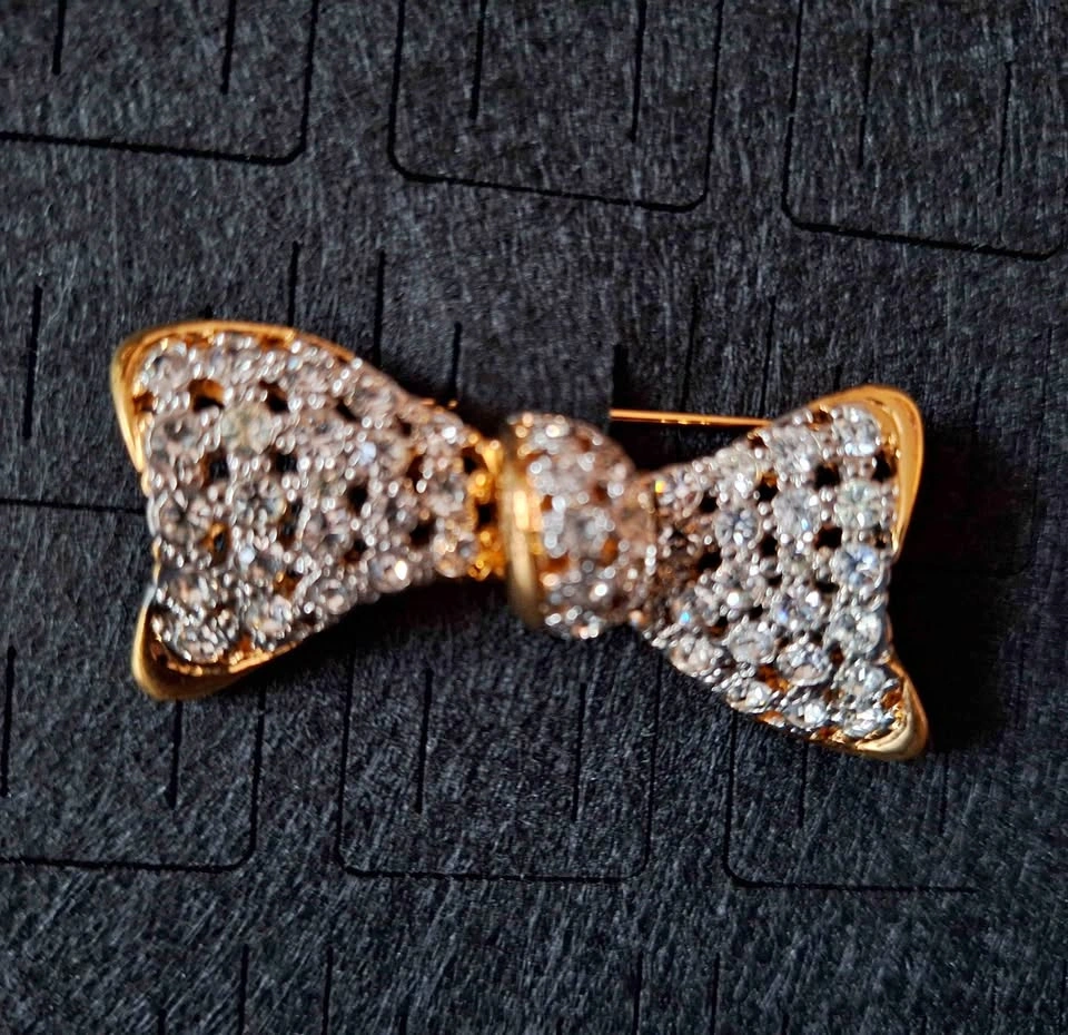 Valentino Crystal Bow Brooch Pin - Gold Tone Rhinestones