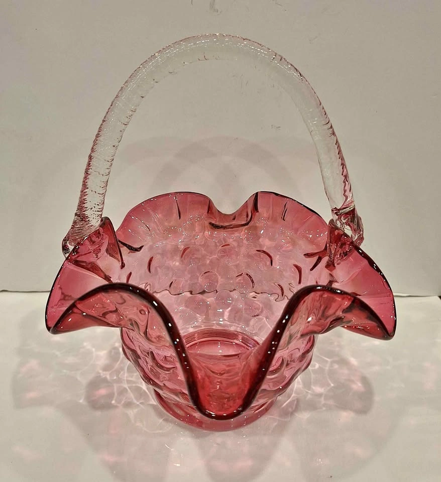 Fenton Dot Optic Cranberry Ruffled Rim W/Rope Handle