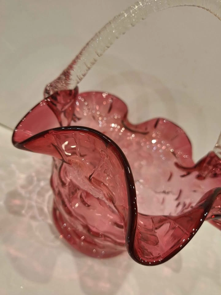 Fenton Dot Optic Cranberry Ruffled Rim W/Rope Handle - photo 5