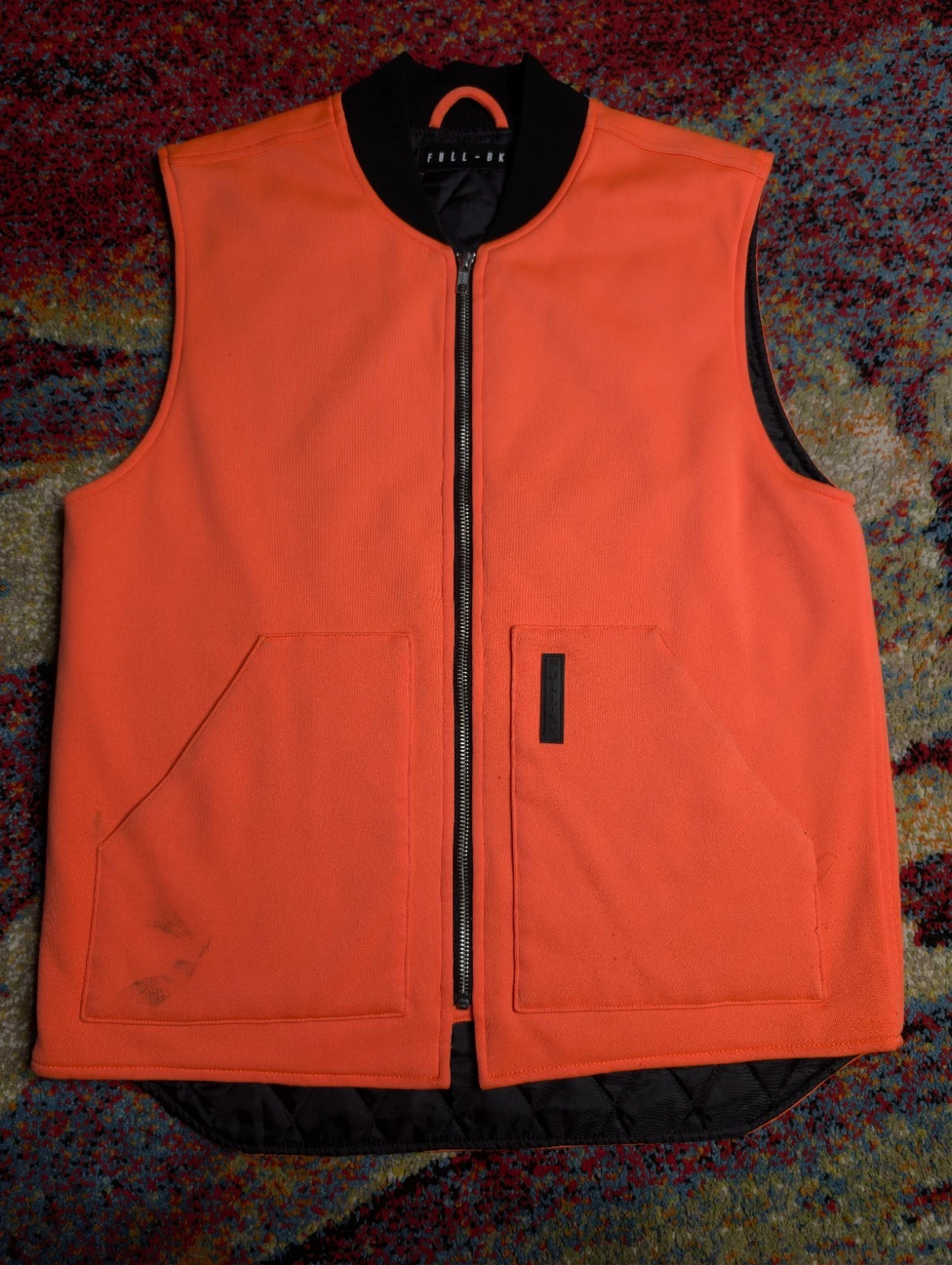 FULL-BK Orange Black Quilted Mid-Length Zip Vest Men Logo Casual
