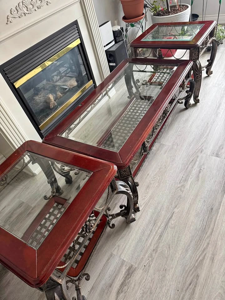 Wooden Glass Table Set with Metal Legs (3)