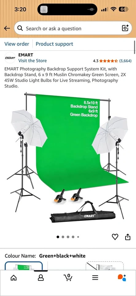 EMART Photo Backdrop Kit w/ Green Screen, Stand, 1 Light