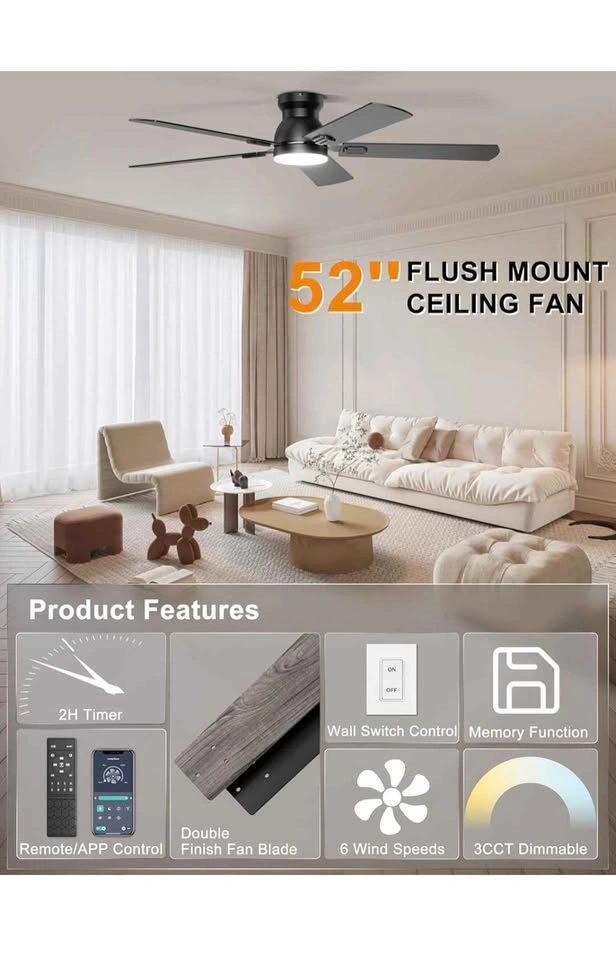 Ohniyou 52'' Low Profile Ceiling Fan with Light & Remote - photo 3