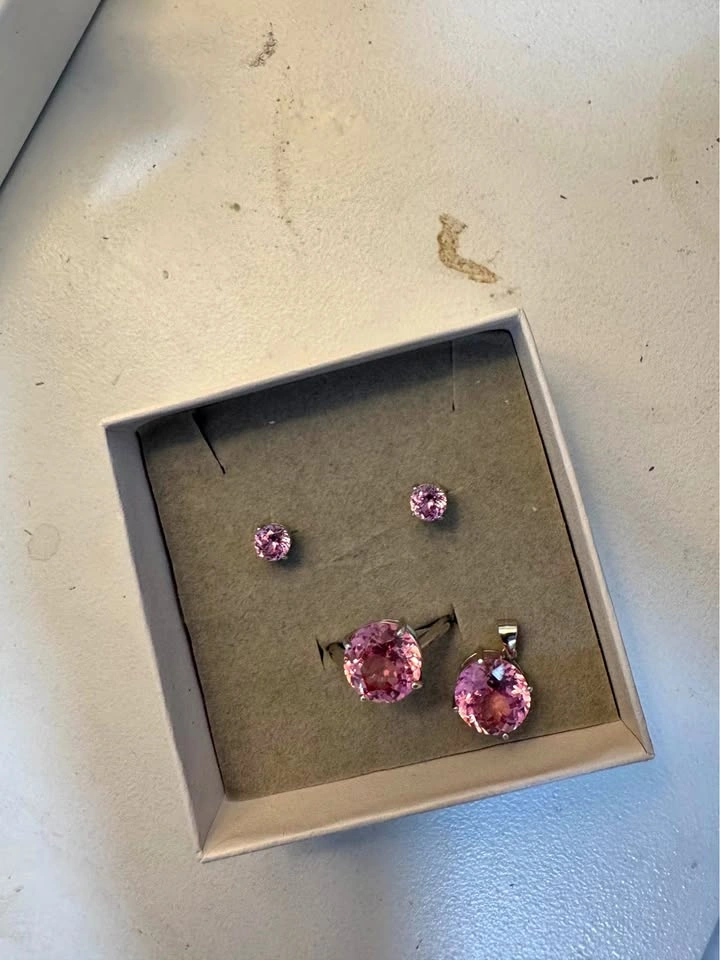 Sterling Silver Pink Crystal Jewelry Set — Pendant, Studs & Ring