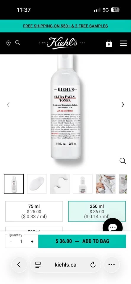 Kiehl’s Ultra Facial Toner 250ml – 2 Brand New Sealed!