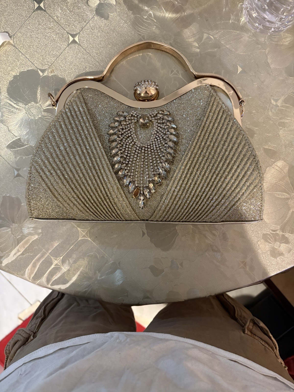 Gold Rhinestone Clasp Top Handle Party Clutch Bag with Detachabl
