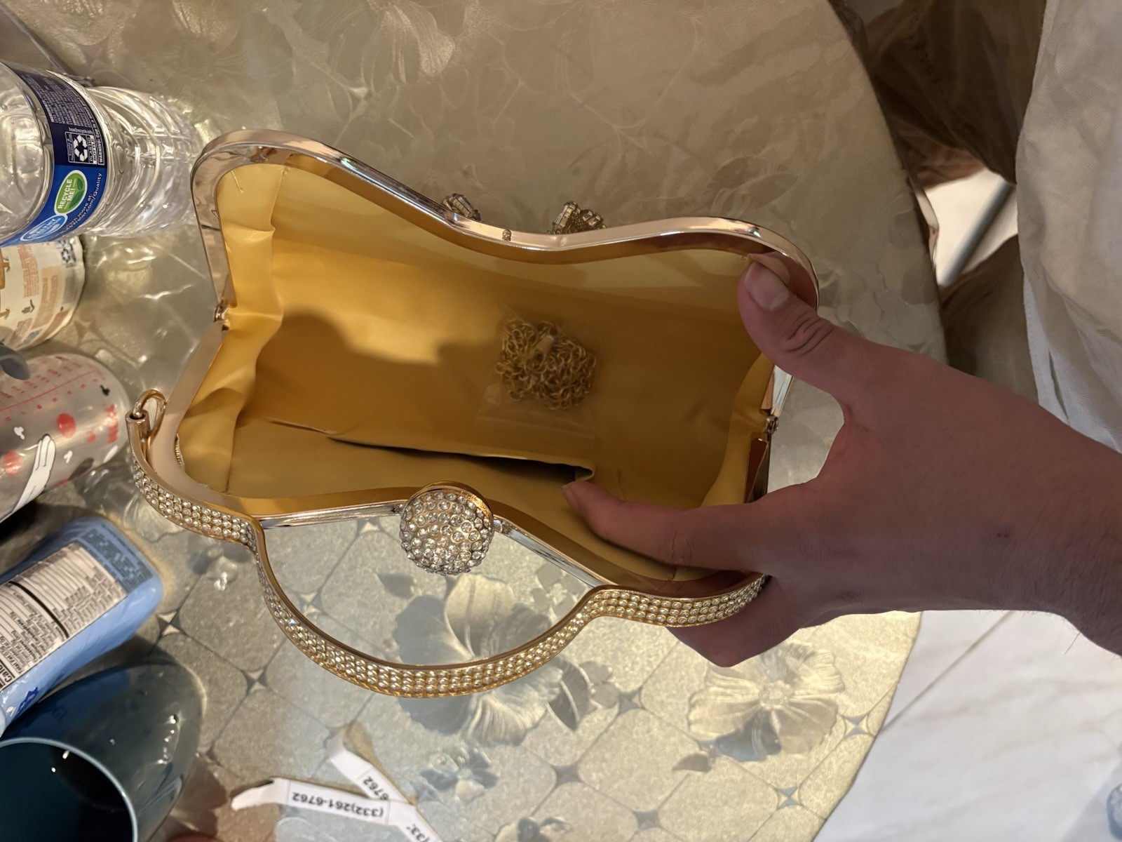 Gold Rhinestone Clasp Top Handle Party Clutch Bag with Detachabl - photo 3