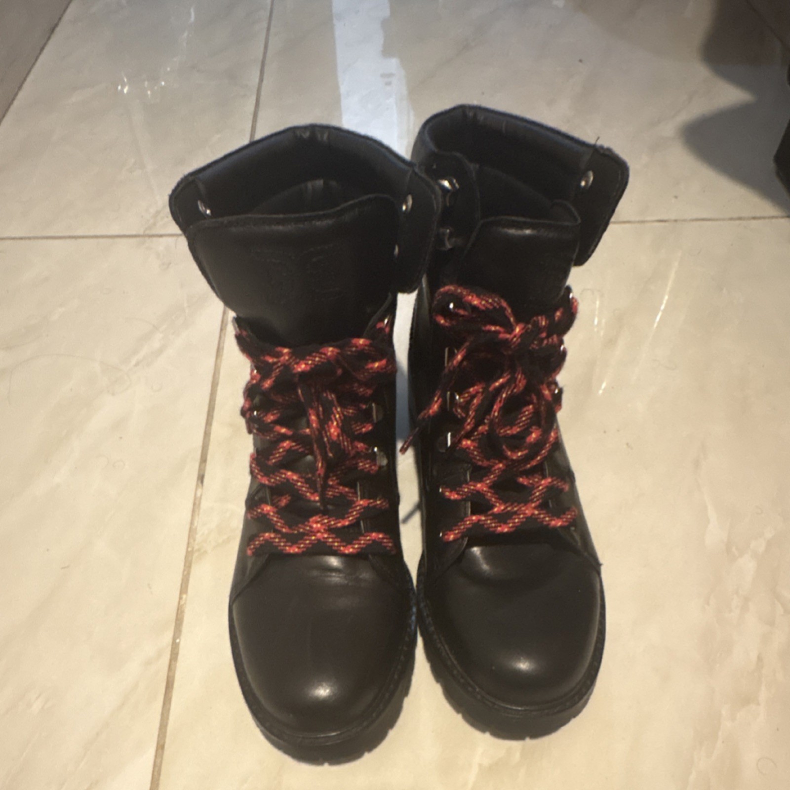 Sam Edelman Tamia Combat Boots Black Red Lace Up Women's US 9.5