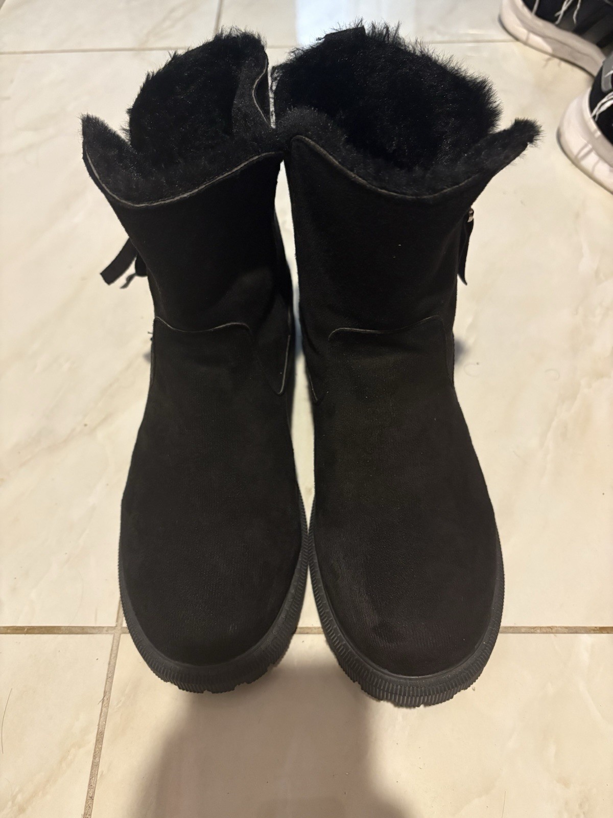 Black Shearling Style Mid-Calf Boots Faux Fur Lined Zipper Suede