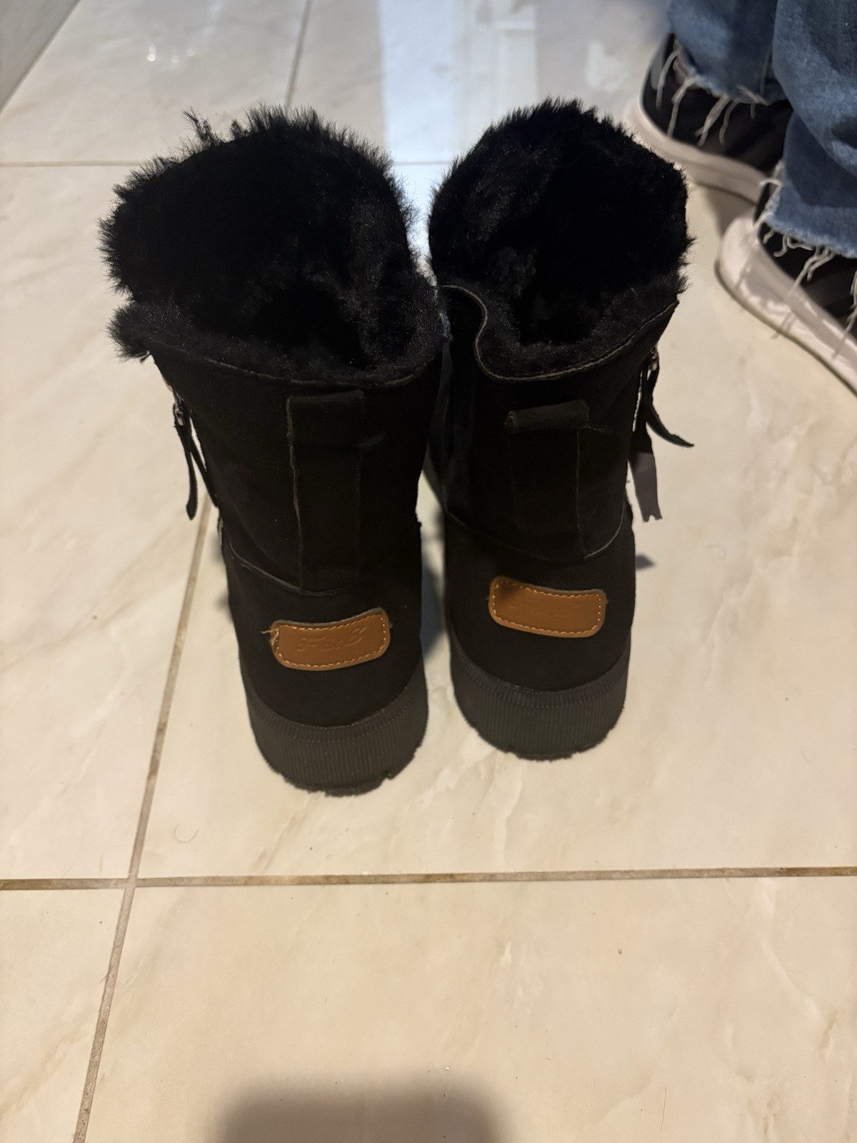 Black Shearling Style Mid-Calf Boots Faux Fur Lined Zipper Suede - photo 2