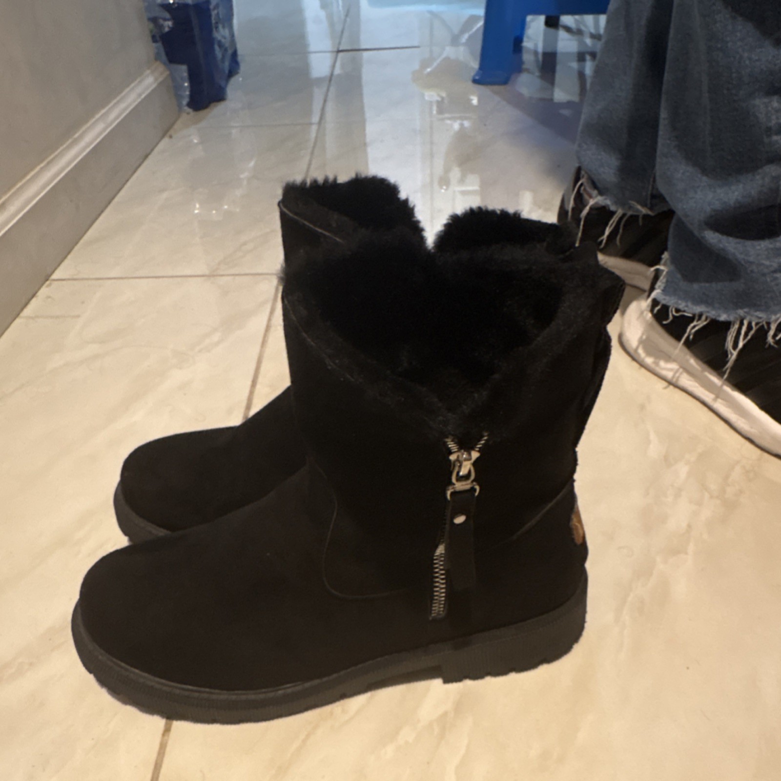Black Shearling Style Mid-Calf Boots Faux Fur Lined Zipper Suede - photo 4