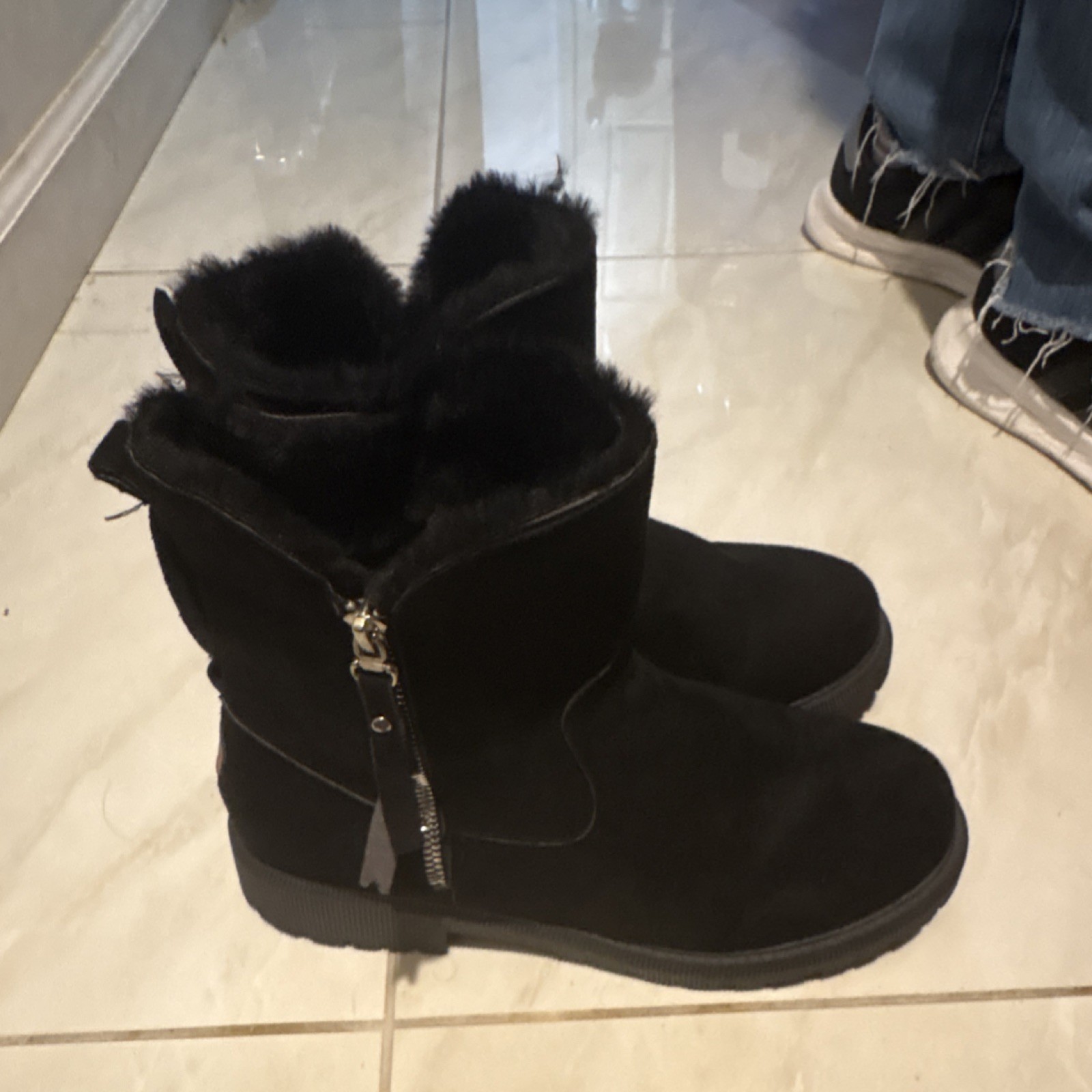 Black Shearling Style Mid-Calf Boots Faux Fur Lined Zipper Suede - photo 5