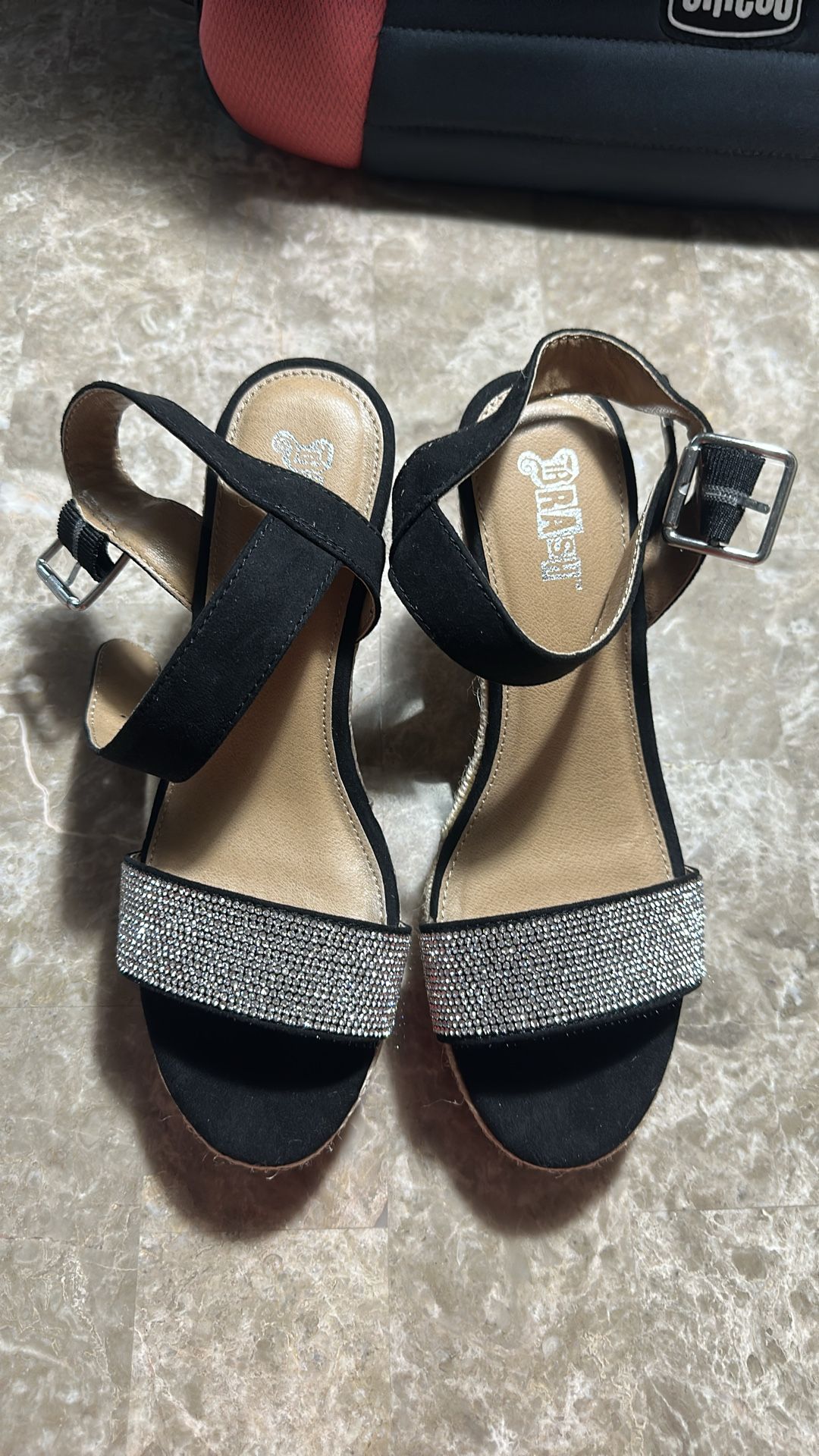 Women's Shoes - Black & Silver Rhinestone Wedge Heels Size 7.5