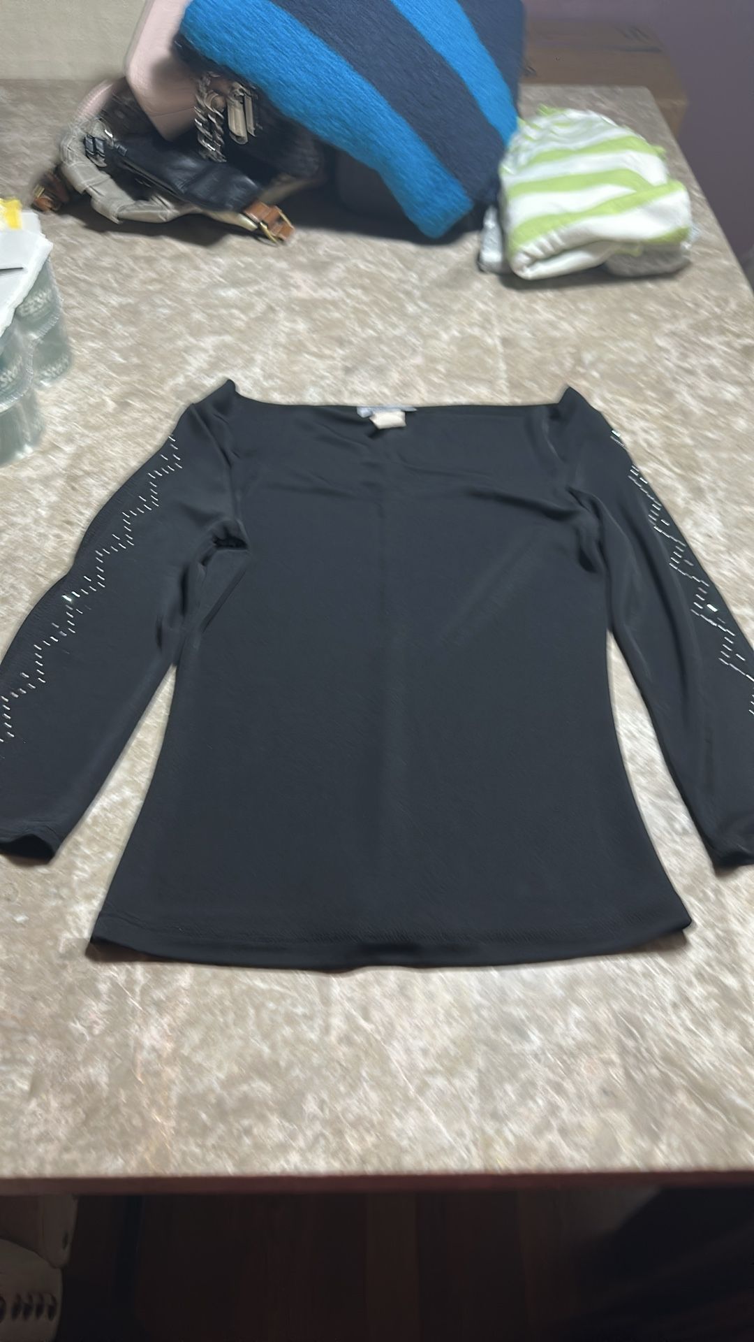 Black Top with Sequins and Slit Sleeves - Small