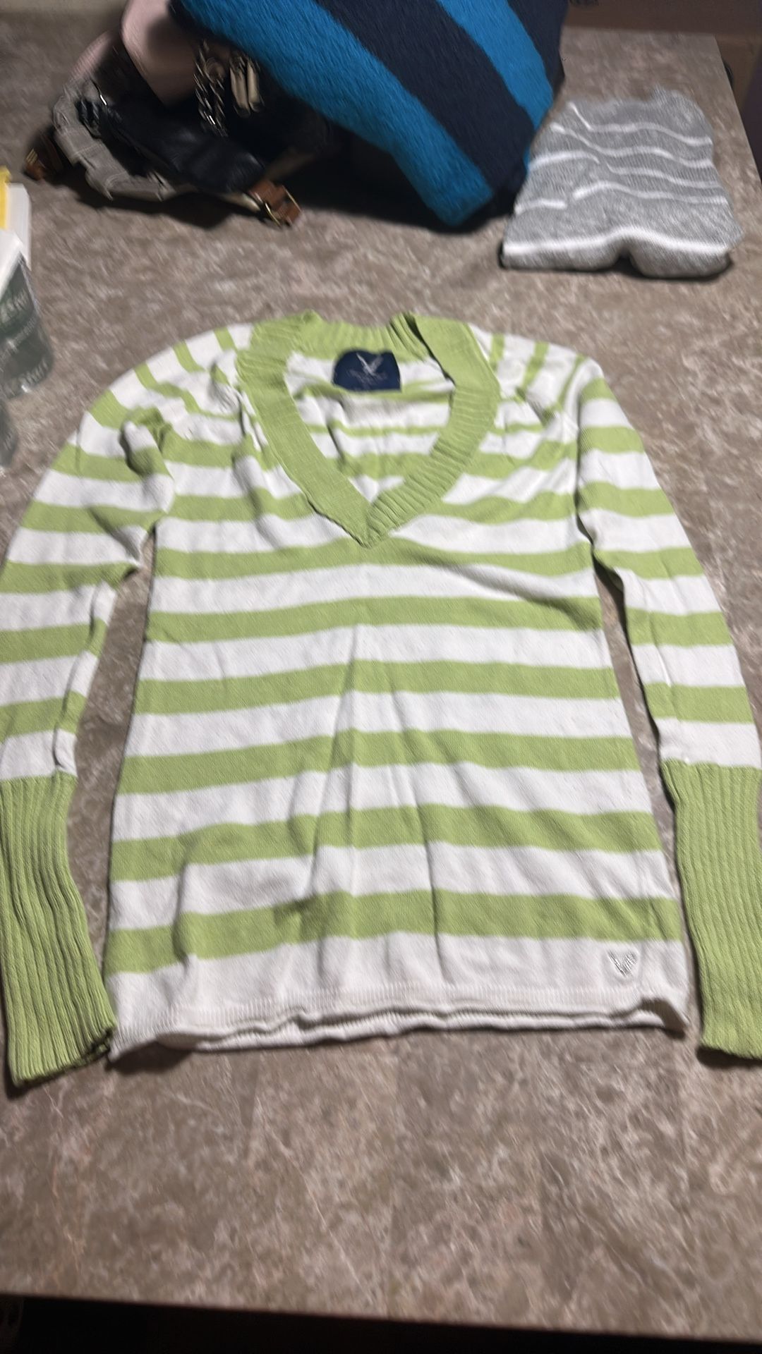Light Green and White Stripes Sweater - American Eagle Size Smal