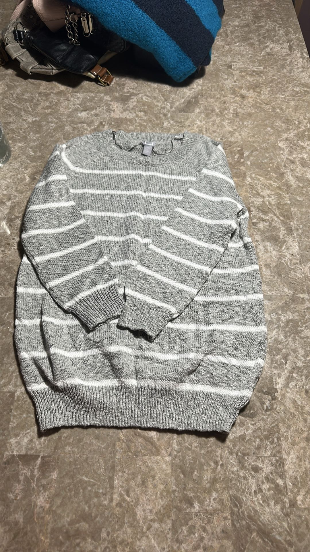 Gray and White Striped Long Sleeve Sweater - Size Small