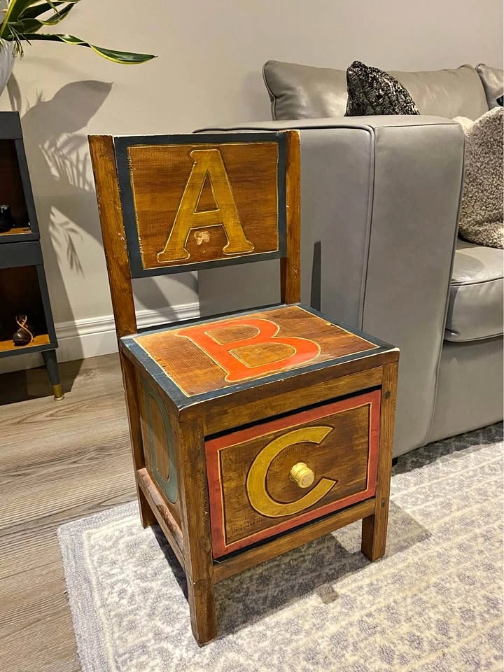 Rustic Wooden Child's Chair with Storage Drawer (ABC Theme)