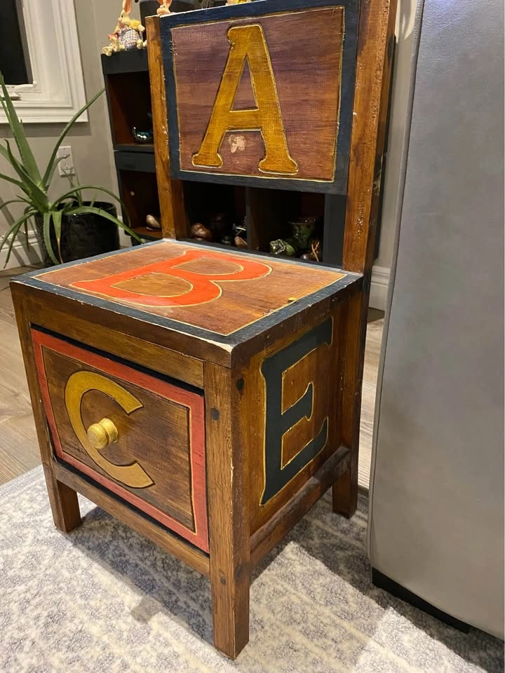 Rustic Wooden Child's Chair with Storage Drawer (ABC Theme) - photo 3