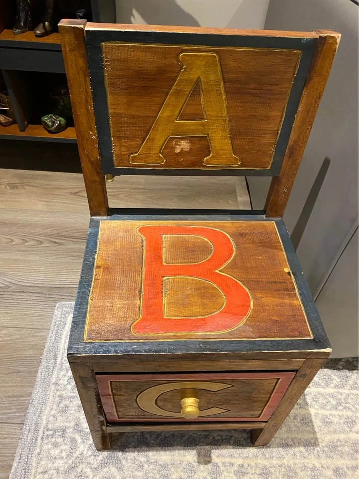 Rustic Wooden Child's Chair with Storage Drawer (ABC Theme) - photo 4
