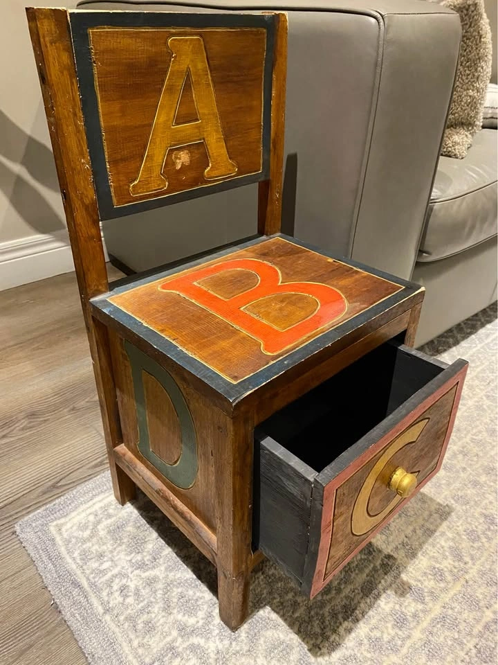 Rustic Wooden Child's Chair with Storage Drawer (ABC Theme) - photo 5